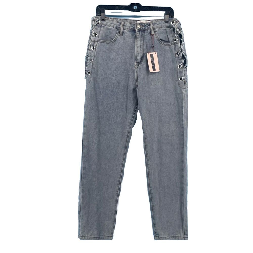 Denim Blvd Boyfriend Jeans Womens Large Chains Biker Skater Metal Grunge Y2K NEW